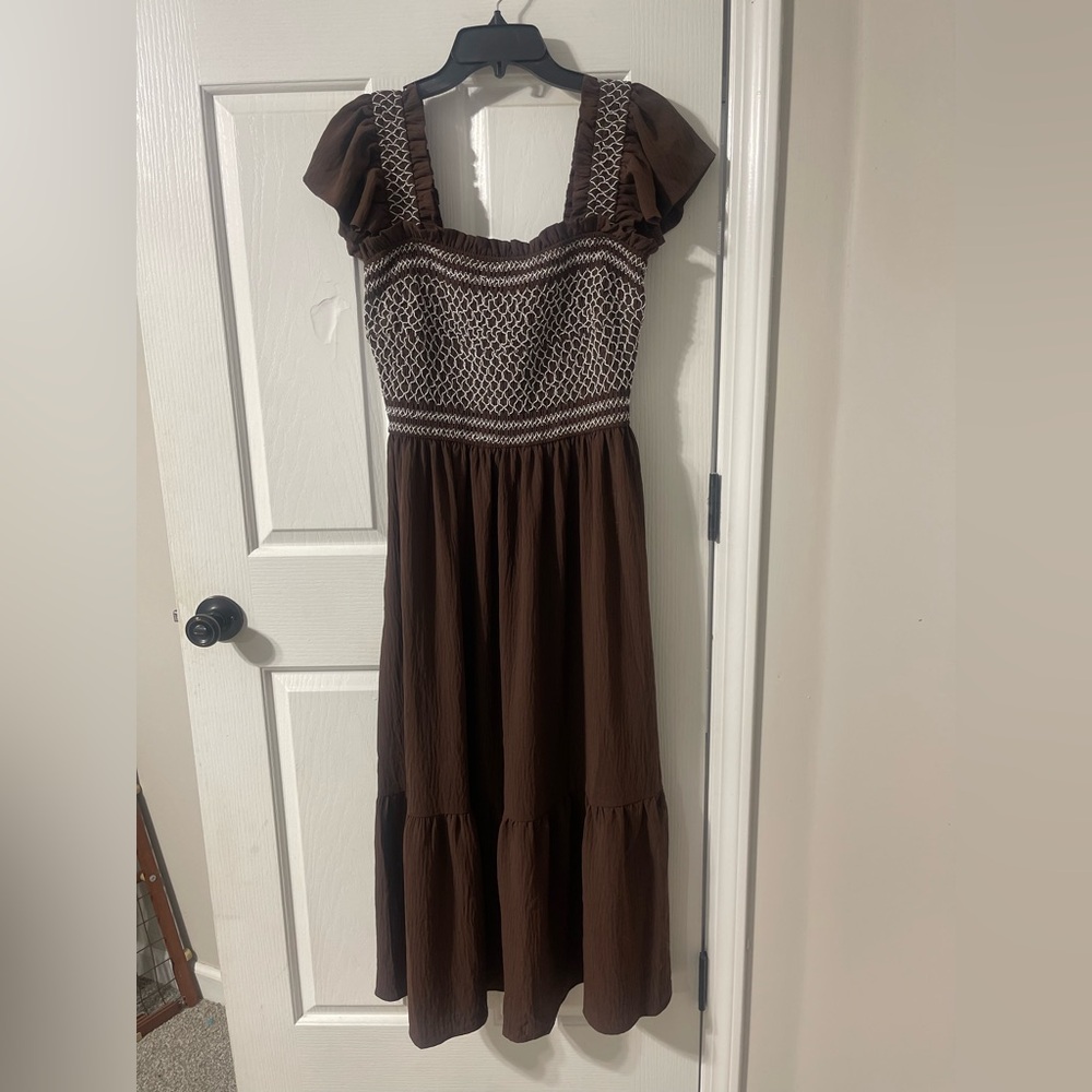 Brand new Oddy smocked brown midi dress